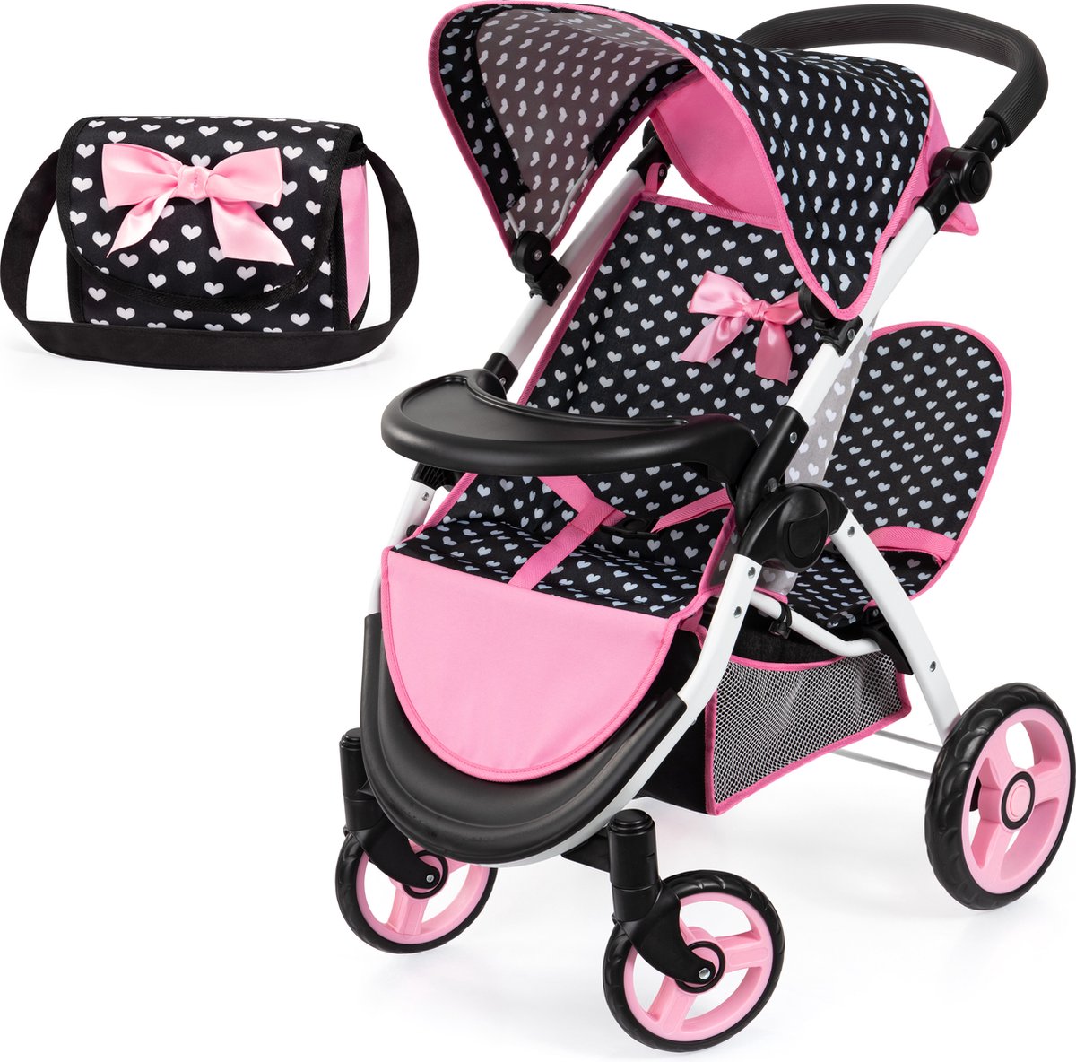 Bayer Design Zwillings-Puppenwagen Twin Xeo, Doppel-Puppenwagen, verstellbare Schiebestange, Tasche in Schwarz-Weiß-Rosa
