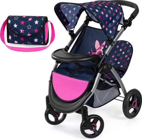 Bayer Design Zwillingspuppenwagen Twin Xeo, Doppelpuppenwagen, verstellbarer Schiebebügel, Tasche