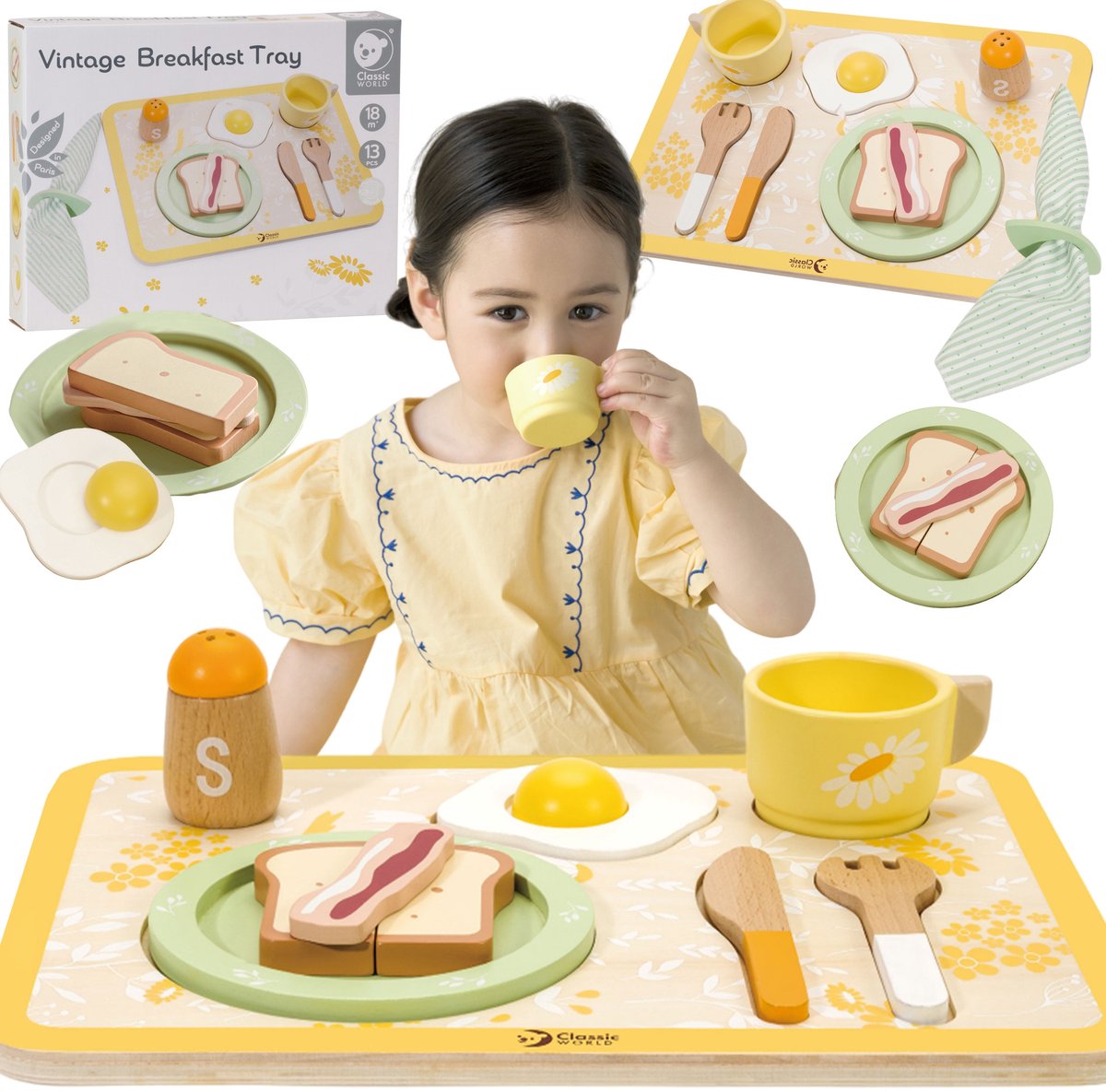 Classic World Frühstücksset aus Holz – Vintage-Spielzeugtablett 13-teilig.