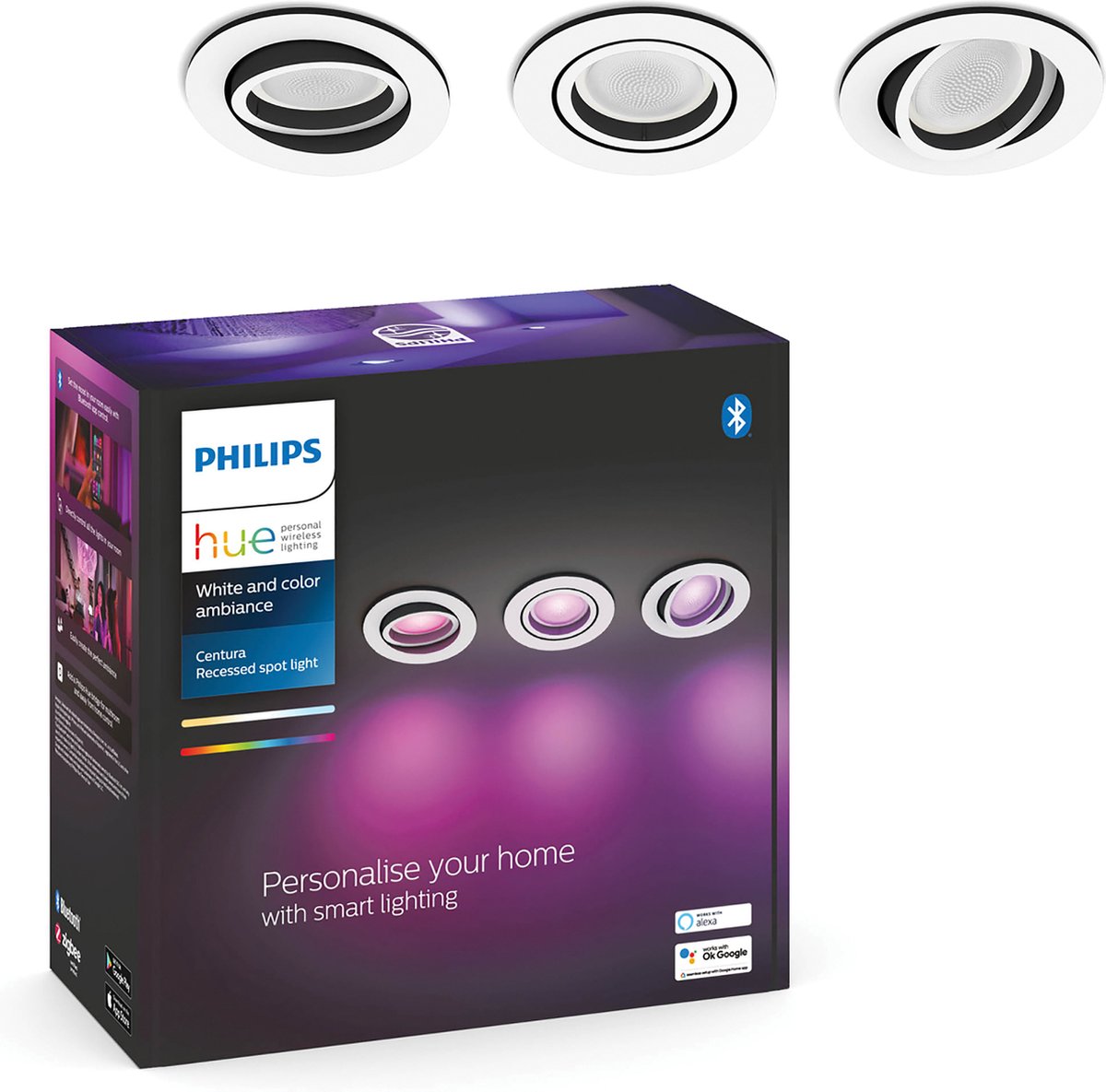 Philips hue centura inbouwspot - wit en gekleurd wit - 3-pack - wit - rond - gu10