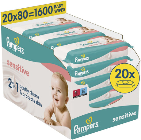 Pampers sensitive - billendoekjes - zonder parfum - voor een zachte en milde reiniging - 20 verpakkingen van 80 doekjes = 1600 doekjes