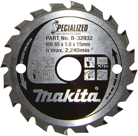 Makita Specialist B-32932 Hartmetall-Kreissägeblatt 85 x 15 x 0,7 mm Zähnezahl: 20 1 Stück