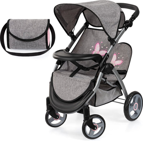 Bayer Design Zwillingspuppenwagen Twin Xeo, Doppelpuppenwagen, verstellbarer Schiebebügel, Tasche in Jeansgrau, Pink