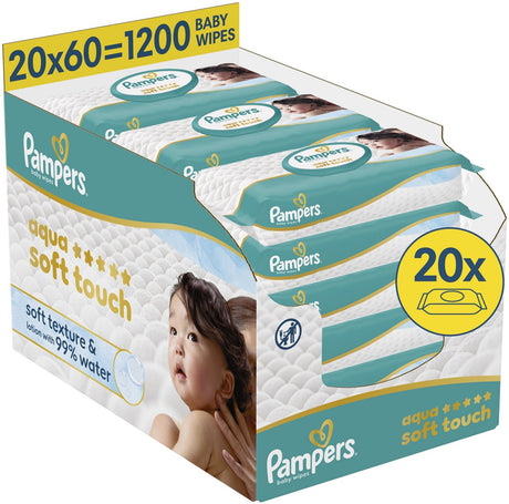 Pampers aqua soft touch - billendoekjes - zachte textuur lotion met 99% water - 20 verpakkingen van 60 doekjes = 1200 babydoekjes (vervanger harmonie aqua babydoekjes)