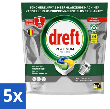 Dreft 5 x platinum - all in one - vaatwascapsules - citroen - 34 afwasbeurten - vaatwasmiddel - vaatwascapsule - citroengeur - vaatwasser reinigen - vetfilter reinigen