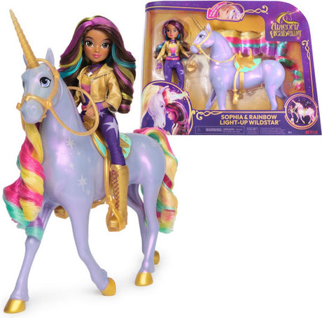 Einhorn-Akademie – Sophia Rainbow Light Magic Wildstar – Modepuppe mit interaktivem Einhorn mit Licht, Sound und Musik