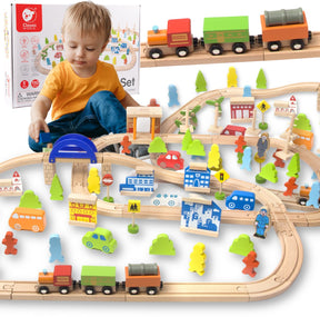Classic World Set Eisenbahn Holzeisenbahn + Figuren 110-tlg.