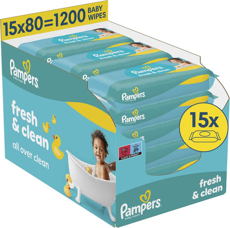 Pampers Fresh Clean Babytücher, 15 Packungen = 1200 Tücher