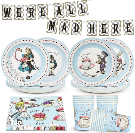 Talking tables alice in wonderland feestdecoratie wegwerpservies voor 16 personen | mad hatter dubbelzijdige slinger, papieren borden, servetten, bekers tafellaken | verjaardag, high tea, babyshower