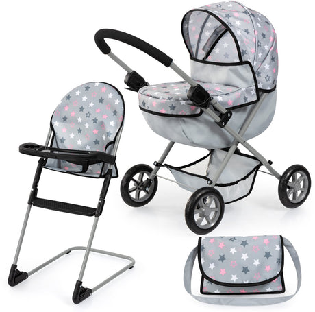 Bayer Design Kuscheliges Puppenwagen-Set, faltbar, weicher Griff, mit Hochstuhl, Tasche, grau