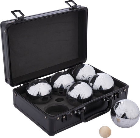 Engelhart Jeu de Boules-Set 6 Kugeln in schwarzem Aluminiumgehäuse – ø74 mm 720 g – Metallkugeln – passend für jeden Jeu de Boules-Platz – Pétanque-Set – Longfield