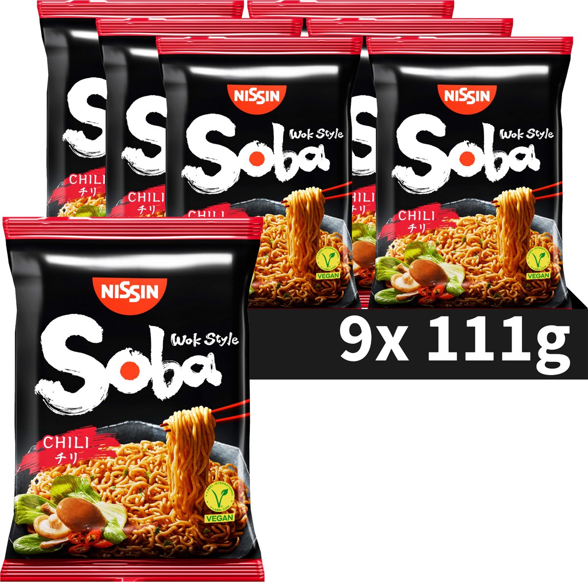 Nissin Soba Bag Chili-Nudeln – Instant-Nudeln im Wok-Stil – vegan – 9 Stück