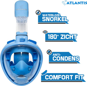 Atlantis snorkelmasker 2.0 - duikbril - snorkel - snorkelset - full face masker - kinderen - blauw - xs