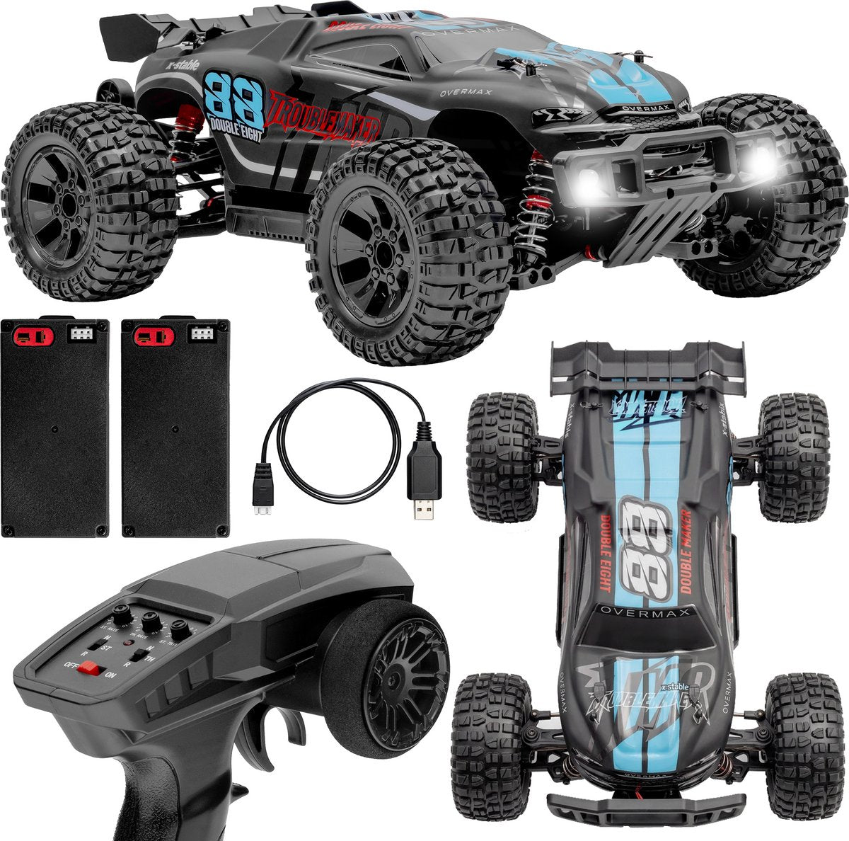 Overmax x-stable RC-Car RC-Auto – 35 km/h – 4x4-Monstertruck – 1:10 – Metallantrieb – Öl-Stoßdämpfer – doppelte LED-Beleuchtung – 2 Batterien (bis zu 40 Min. Fahrzeit) – verstellbare Lenkung – aktive Bremse – Offroad-Geländemodell – lenkbares Auto