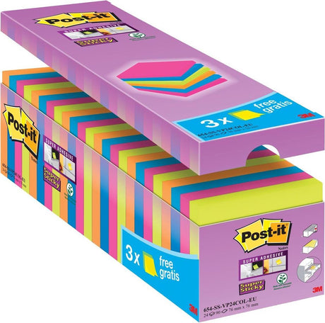 Post-it-Vorteilspaket: ® Super-Haftnotizen – Neonorange, Neongrün, Fuchsia, Mittelmeerblau, 76 mm x 76 mm, 21 Blöcke + 3 gratis