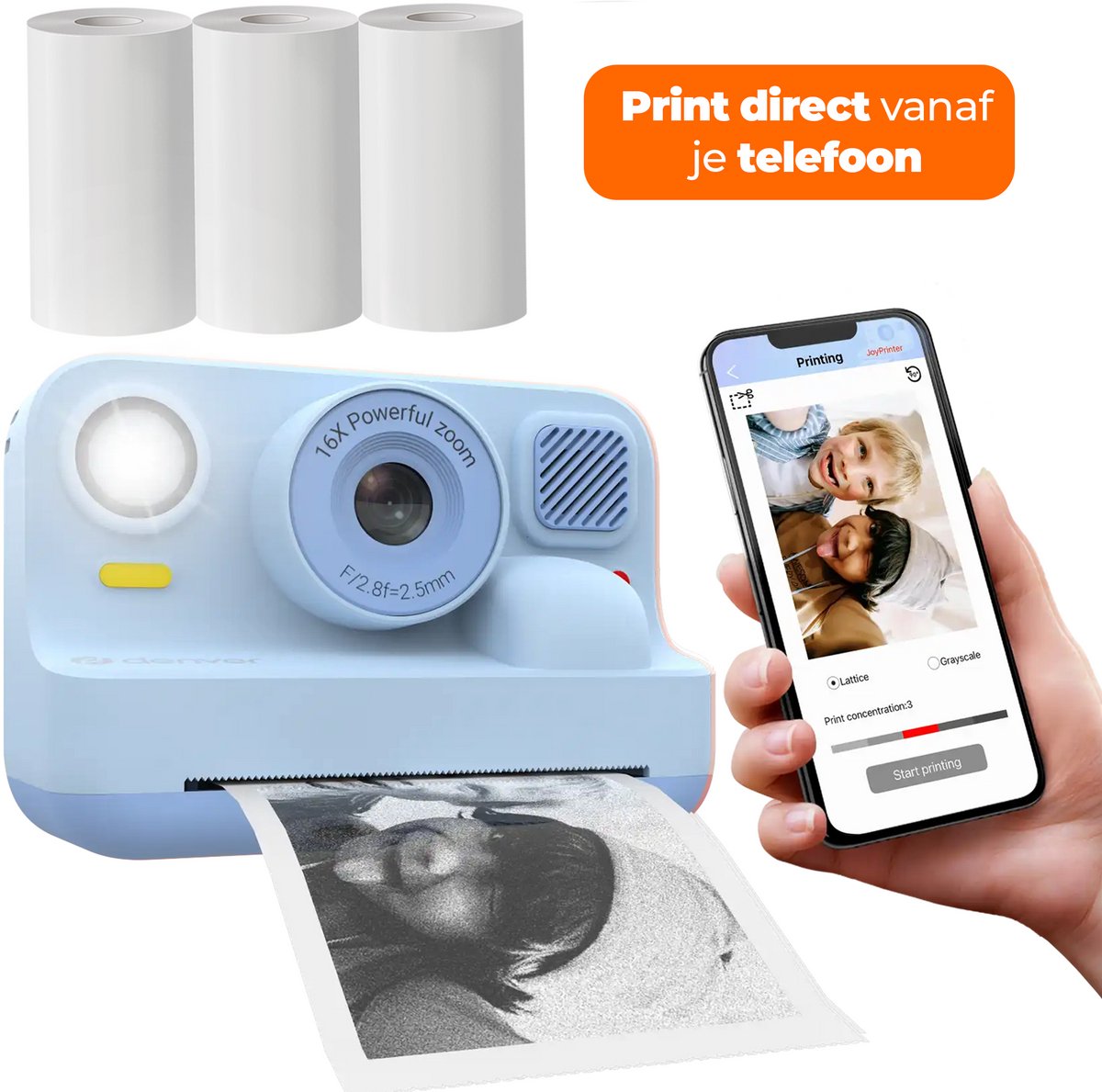 Denver Kinderkamera Full HD mit Drucker – Selfie-Kamera – 48 MP – Digitalkamera Kinder – Bluetooth-Drucker – Foto-Video – kpc1374btbu – Blau