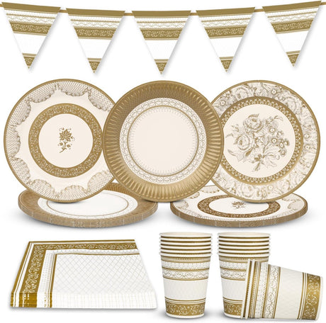 Talking tables gouden feestpakket met wegwerp papieren borden, bekers, servetten, tafelkleed en vlaggenlijn voor 16 gasten – ideaal voor bruiloften, verjaardagen, jubilea, kerstmis en oud nieuw.