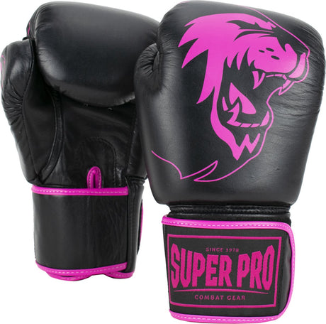 Super pro combat gear warrior lederen (kick)bokshandschoenen zwart roze 8oz