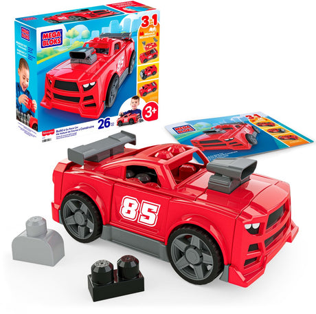Mega Bloks bauen und fahren Rennwagen-Köderspielzeug mit rollenden Rädern – 26 Teile