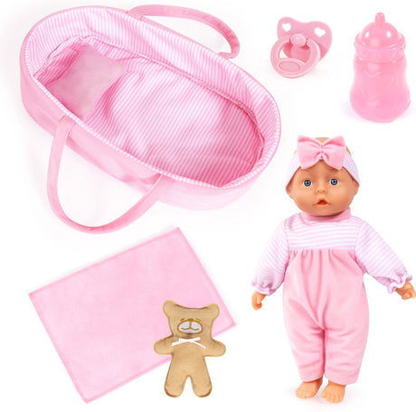 Bayer Design Babypuppe, Weichkörper, 28 cm, Puppentragetasche, Decke, Kissen, Schnuller, Flasche, Teddybär