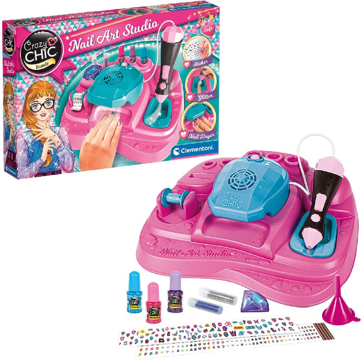 Clementoni Crazy Chic – Nagelstudio für Kinder – Kindernagellack mit Stickern, Glitzer und Nageltrockner – ab 6 Jahren