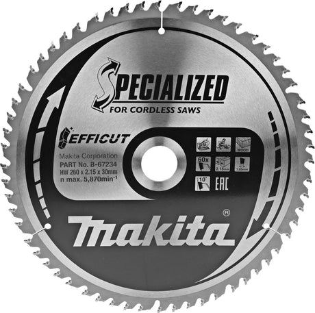 Makita Kappsägeblatt für Holz | effizient | ø 260 mm Achsloch 30 mm 60 t – B-67234