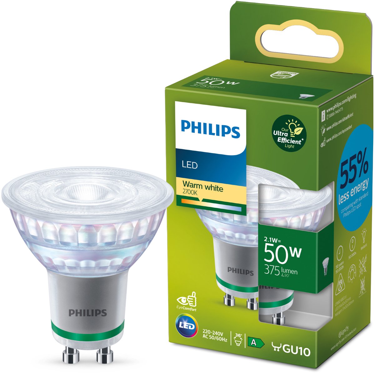 Philips led philips ultra efficient led spot - 50w - gu10 - warmwit licht