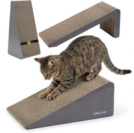 Peluvio trilo – driehoekige kartonnen krabplank voor katten – zacht voor delicate nagels – modulaire krab-, speel- en rustplek – golfkarton design met speelballetje – lichtgewicht ruimtebesparend – modern minimalistisch design