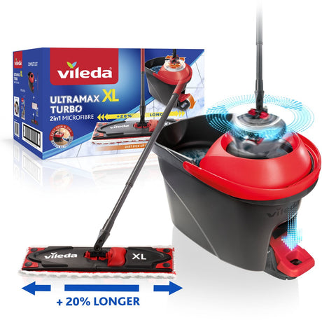 Vileda Ultramax Turbo XL Wischsystem – Komplettes Bodenwischset mit Eimer und Pedalpresse – XL Wischset für große Flächen