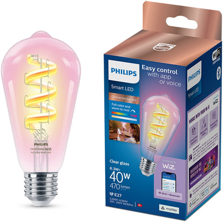 Philips smart lighting - led-filamentlamp - e27 fitting - rgb - gekleurd en instelbaar wit licht - dimbaar - 40w - edisonlamp: st64 - helder glas - wifi