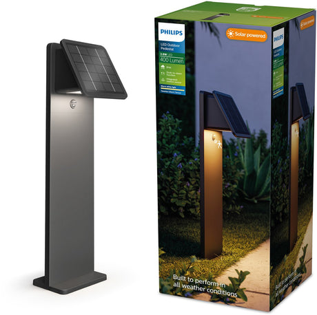 Philips tavenlor solar sokkellamp - buitenlamp - warmwit licht: 2700k - bewegingssensor - zonne-energie - weerbestendig: ip44 - zwart - 3.6w