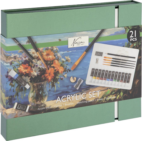 Nassau Fine Art Painting Starter-Set Acrylfarbe 21-teilig – Hobbyfarbe mit Pinseln – Acrylfarbentuben – Geschenkset