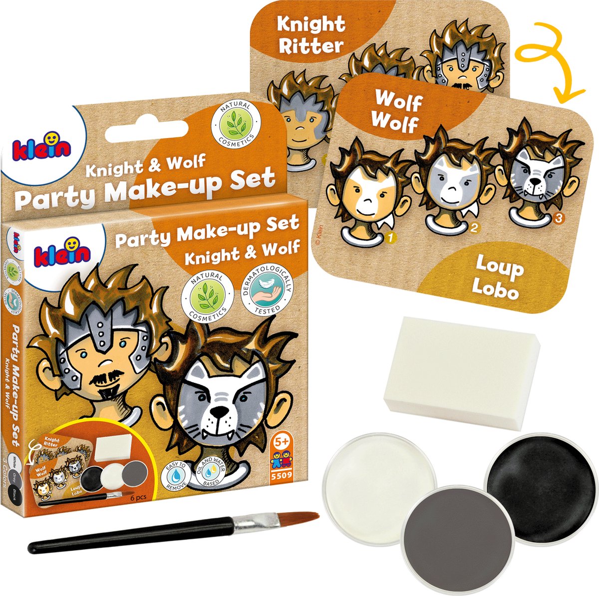 Klein Toys – Schminkset „Ritter-Wolf“ – drei Farbtabletten in Schwarz, Grau und Weiß – zertifiziert nach ISO 16128