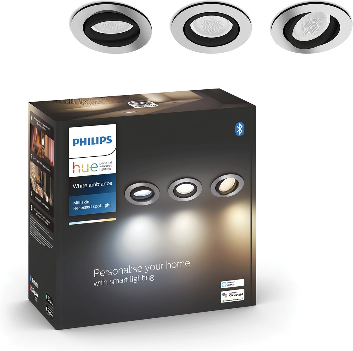 Philips hue milliskin inbouwspot - warm- tot koelwit licht - 3-pack - wit - rond - gu10