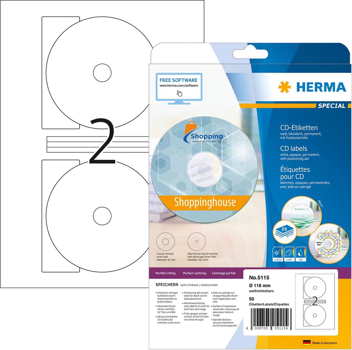 Herma 5115 CD-/DVD-Etikett ohne Marke, 116 mm, weiß, 50 Etiketten