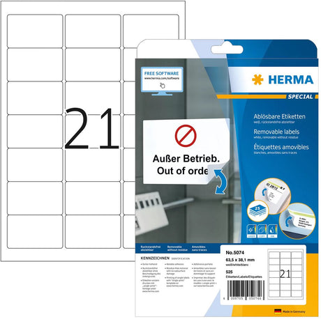 Herma-Etiketten ohne Markenzeichen, weiß, 63,5 x 38,1, abnehmbarer Superdruck, 525 Stück.