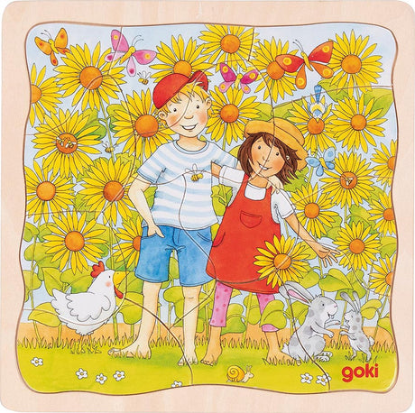 Goki Puzzle - Sonnenblumenfeld - 35 Teile - 3 Schichten - 20x20x1,1cm - Holz - 3+