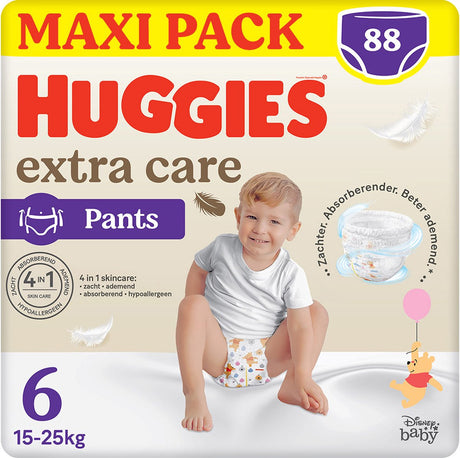 Huggies® Extra Care Babywindelhosen, Größe 6 (15 bis 25 kg), 88 Windeln mit weichem Gummibund und Disney-Motiven, Maxi-Packung