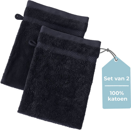 Hush. living hush living - washand - 100% katoen - set van 2 - zware kwaliteit 500g m2 - stijlvol boord en ophanglus- 16x22cm - zwart