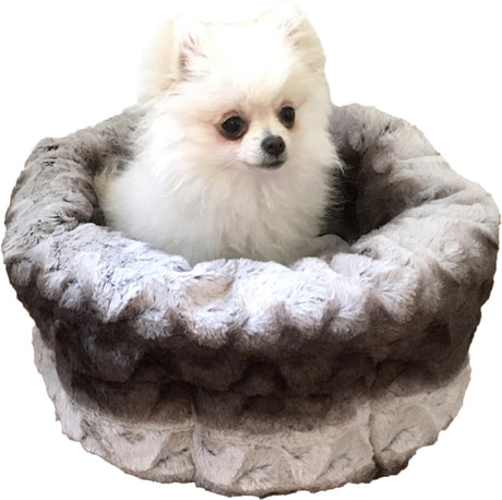 Luxuriöses rundes Hunde- und Katzenbett aus Rosenholz – Grau-Creme – 40 cm – Haustierbett aus weichem Plüsch – rutschfest und waschbar