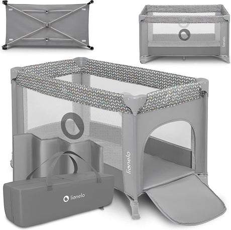 Lionelo Campingbett 3 in 1 – Babybett, zusammenklappbarer Laufstall, Reisebett – 60 x 120 cm – 0–36 Monate bis 15 kg – mit Komfortmatratze – Seiteneingang mit Reißverschluss – Rollen – Transporttasche – Stefi-Babybett, Babybox, Kinderbett