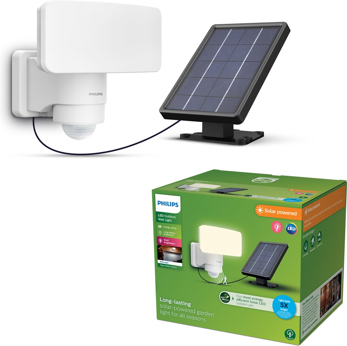Philips led philips tylus beveiligingslamp - ultraefficient led - solar buitenlamp - helder warm licht; 3000k - wit - bewegingssensor - schemersensor - zonne-energie