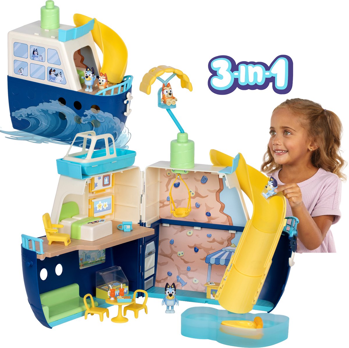 Moose toys bluey - 3 in 1 transformerend cruiseschip speelset - incl. bluey en bingo speelfiguren - uitklapbaar