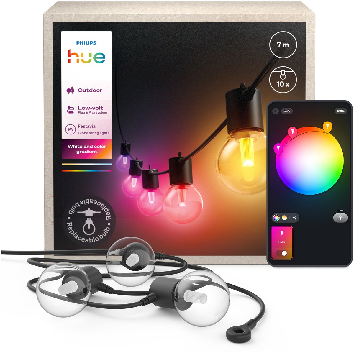 Philips hue festavia outdoor lichtsnoer met globe-lampen – 7 meter – 10 lampen