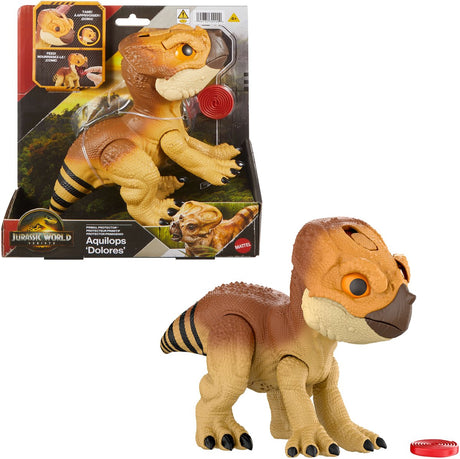 Mattel Jurassic World Rebirth Guardian Animal Aquilops „Dolores“, interaktives Dinosaurierspielzeug mit Angriffsaktion und Geräuschen, elektronische Figur im Tierfreund-Stil, mit Futterzubehör