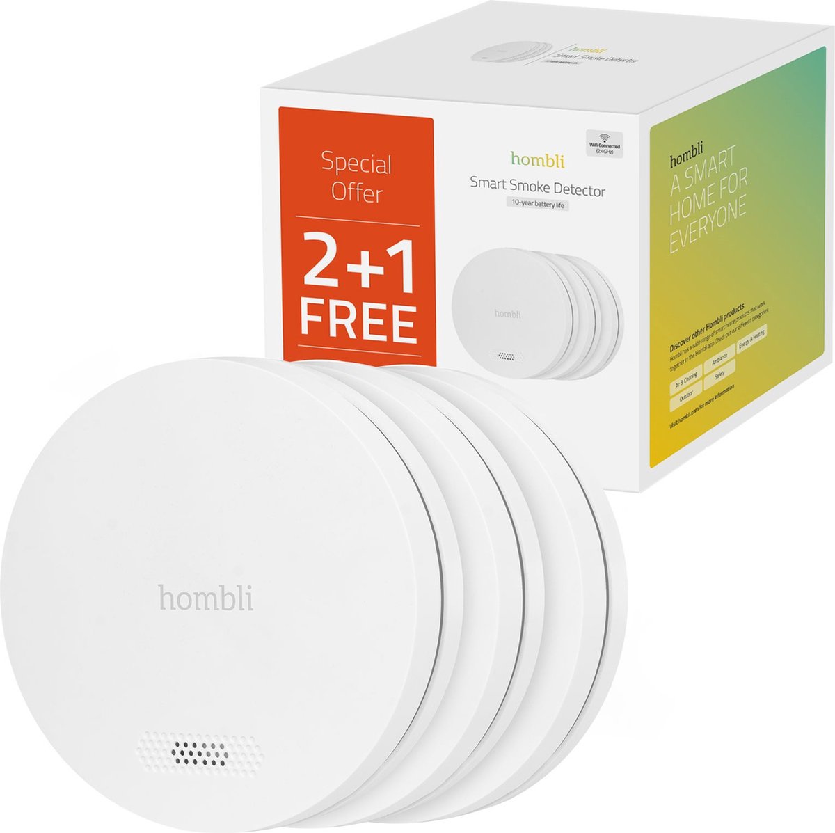 Hombli slimme rookmelder met magneet - brandmelder - 10 jaar batterij - 85db - app mobiele meldingen - eenvoudige installatie - 3 stuks - wit