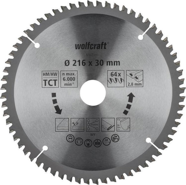 Wolfcraft - Sägeblatt 216 x 30 mm - 64 Zähne - Gehrungssägeblatt HM, Serie Flieder - 6541000