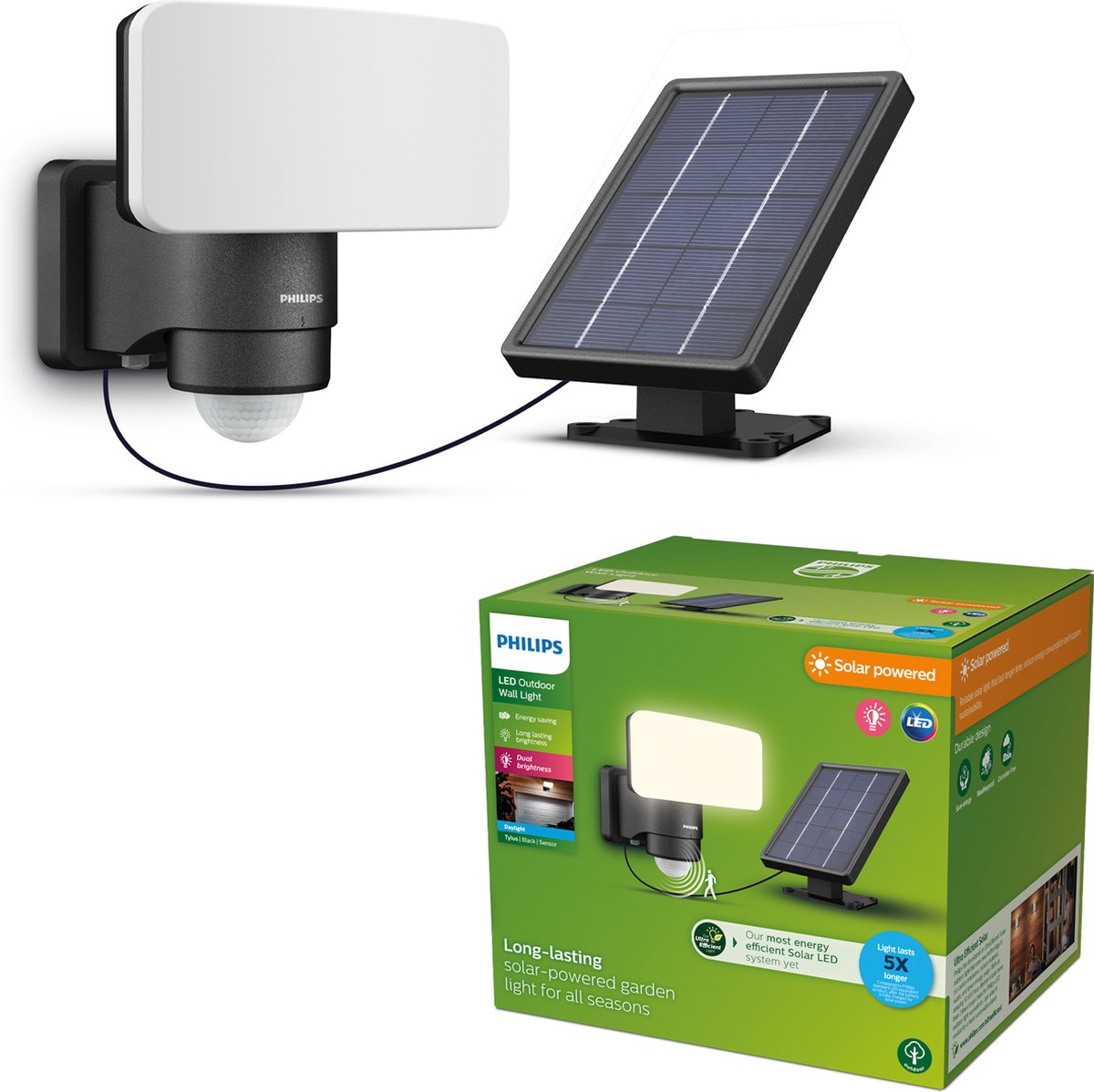 Philips led philips tylus beveiligingslamp - ultraefficient led - solar buitenlamp - koel wit licht; 5000k - zwart - bewegingssensor - schemersensor - zonne-energie