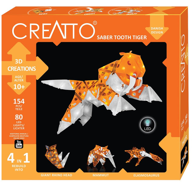 Kosmos creatto Säbeltiger – Bauset mit LED-Beleuchtung – 4 leuchtende Urzeittiere bauen – Säbelzahntiger, Mammut, Wolf und Geier – 61 Teile – kreatives Bauspielzeug – ab 9 Jahren
