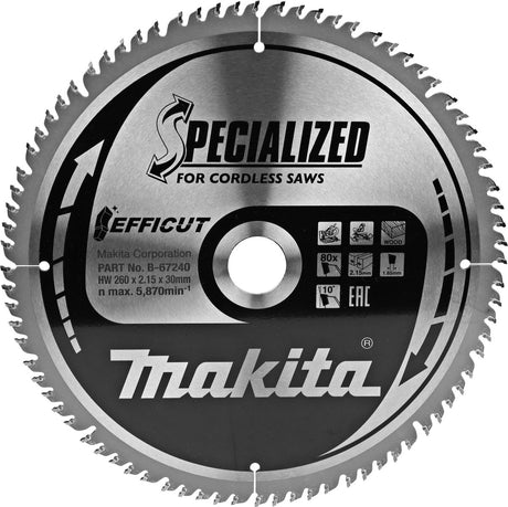 Makita Kappsägeblatt für Holz | effizient | ø 260 mm Achsloch 30 mm 80 Zähne – B-67290